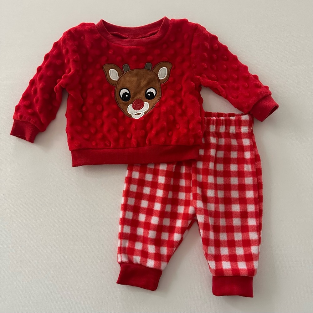 Rudolph Baby 3 Months Holiday Christmas Top Pants Set Red Plaid Reindeer